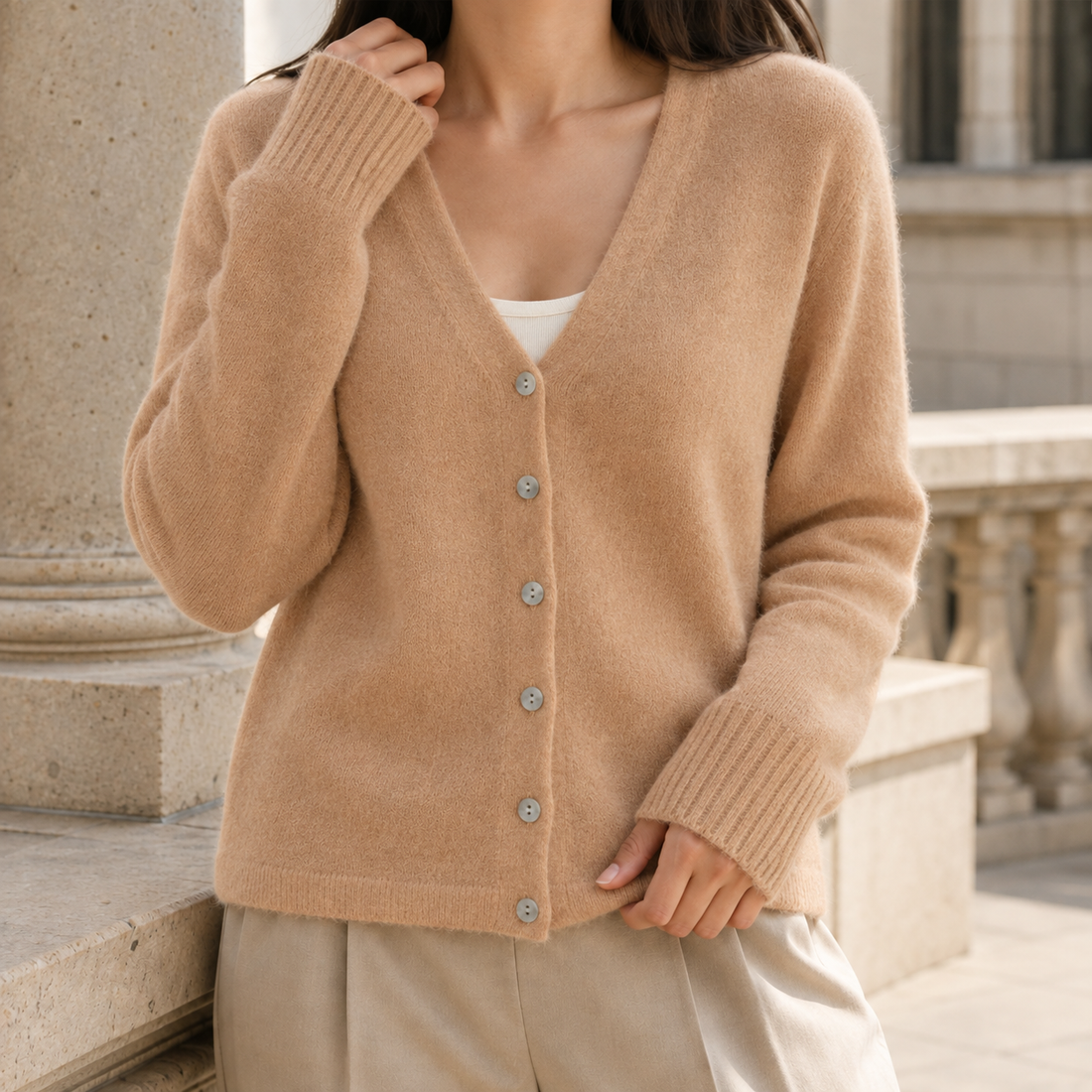 Hesper V Neck Cardigan - Gold Camel