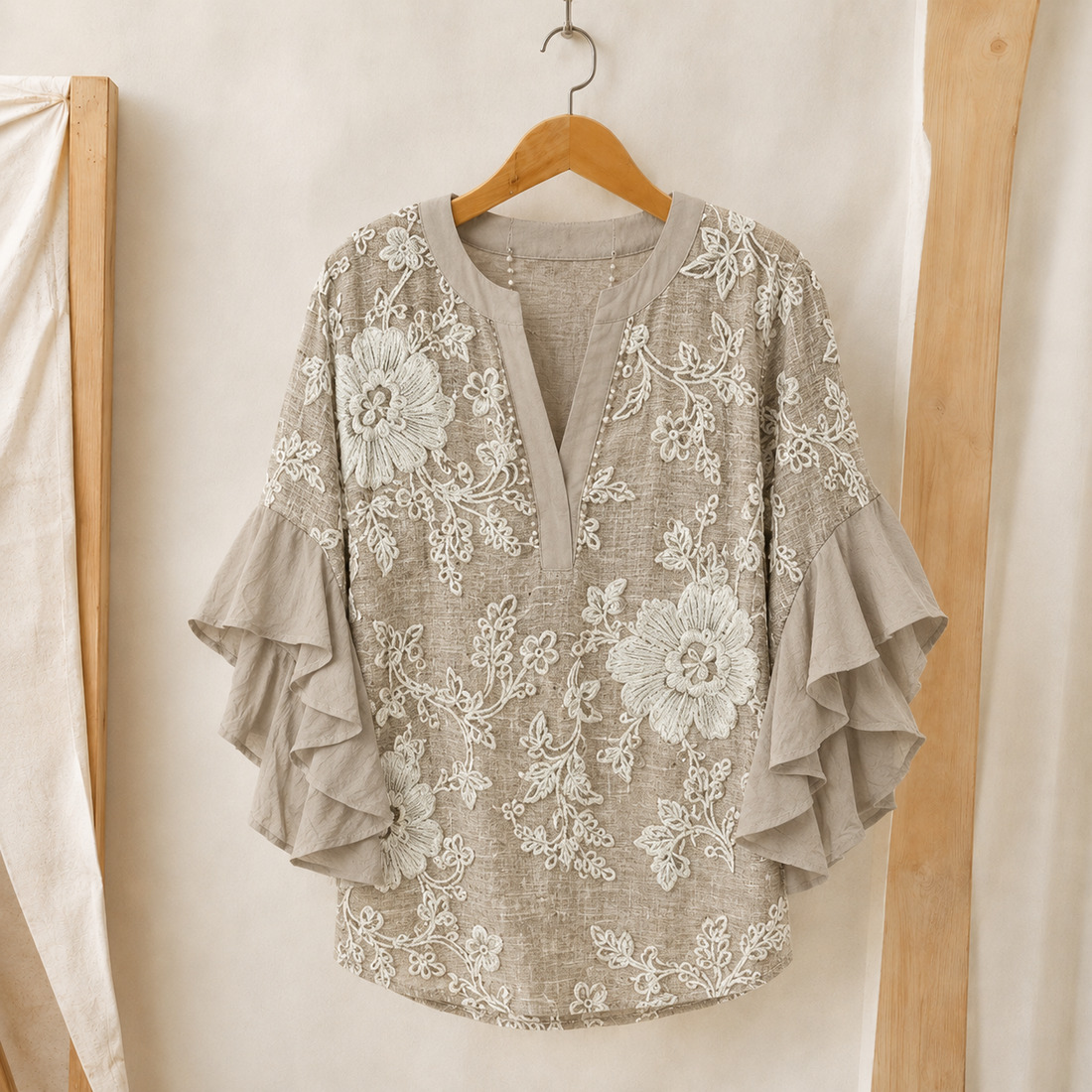 Maeve Ruffle Sleeve Blouse - Light Brown