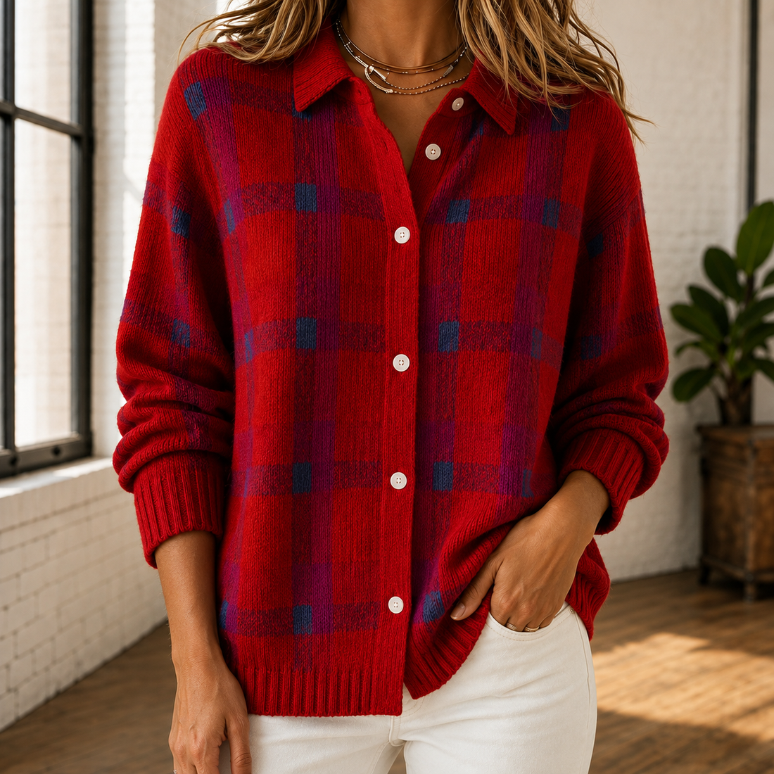 Francesca Plaid Sweater - Red