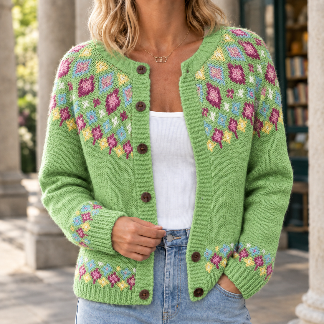 Catriona Jacquard Cardigan - Light Green