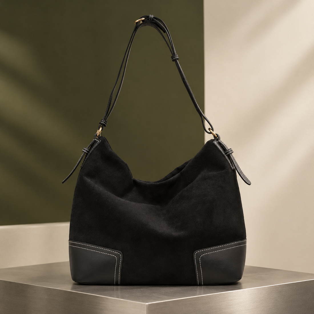 Cortona-Volo Suede Hobo Bag - Black