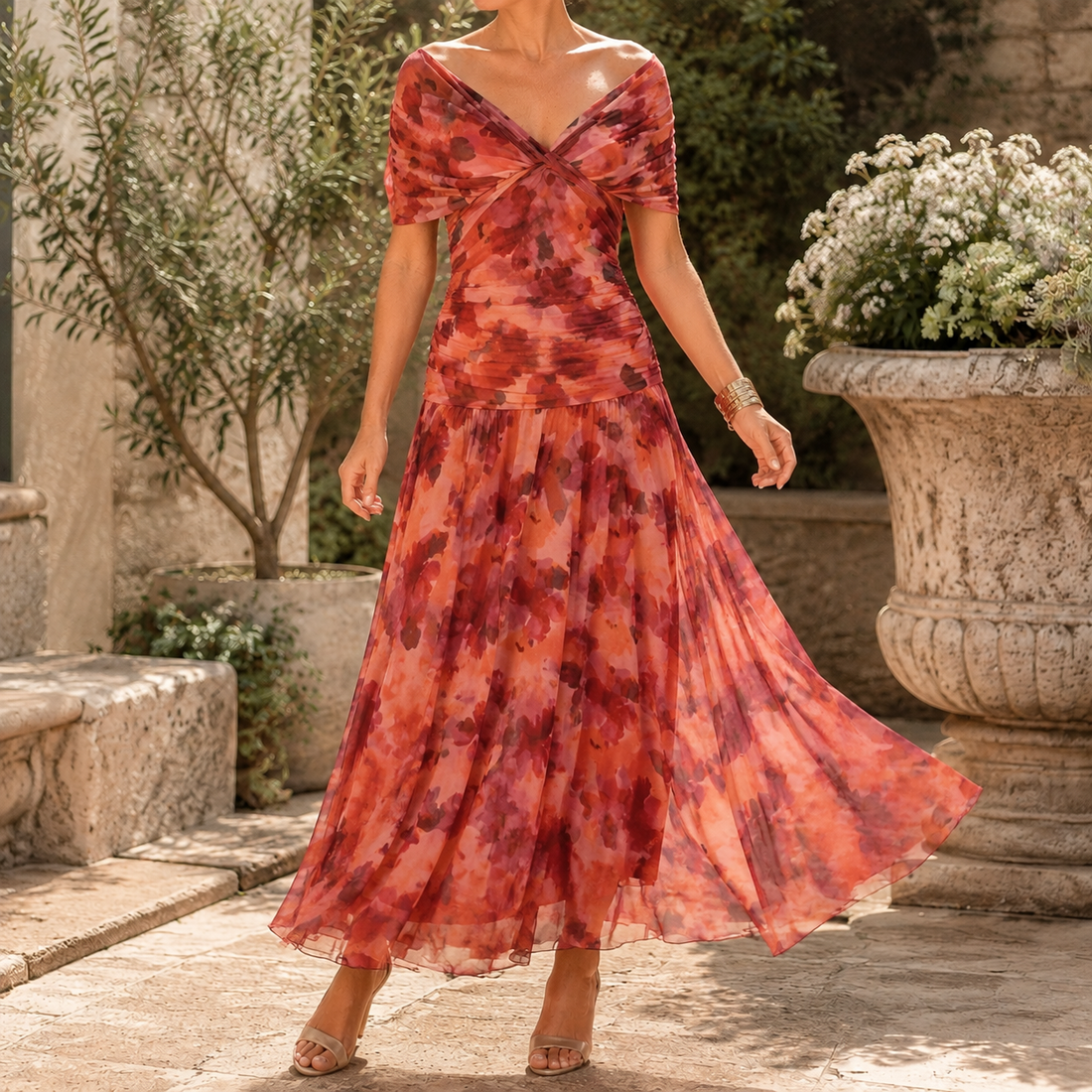 Valeria-Rose Draped Maxi Dress - Brick Red