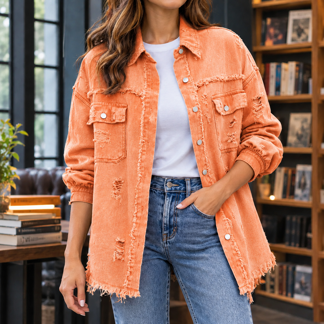 Arwen-Grace Distressed Overshirt - Orange