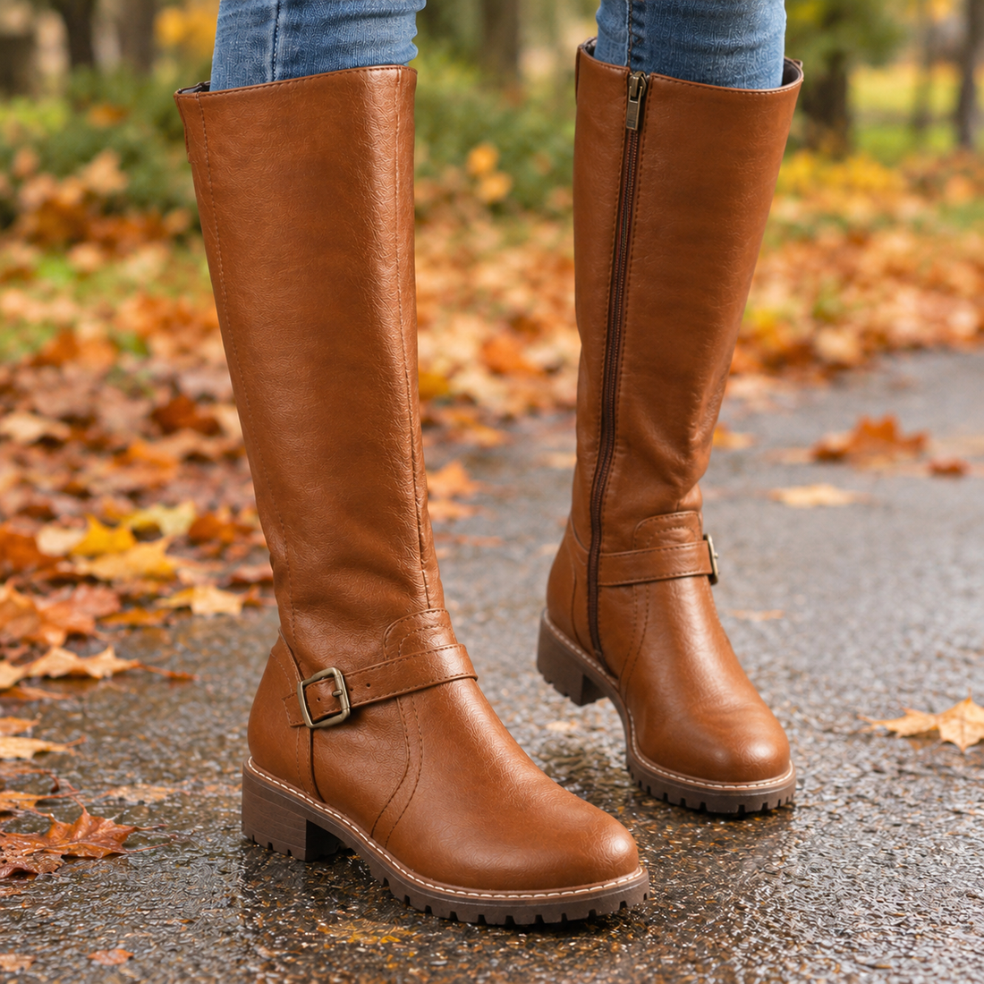 Neroni Buckle Knee High Boots - Light Brown