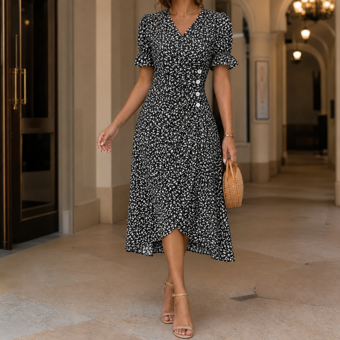 Jade Floral Midi Dress - Black