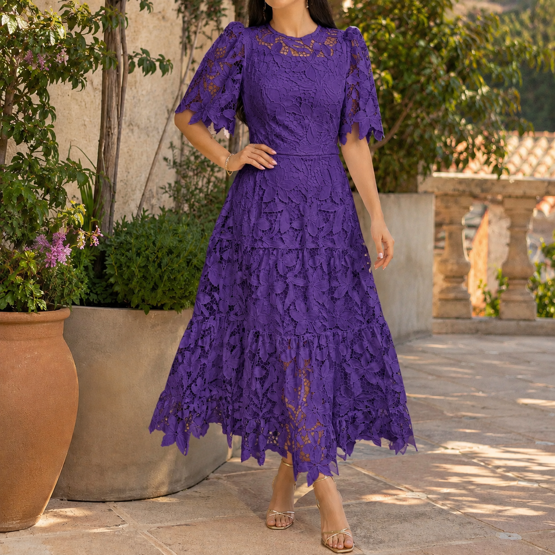 Honora-June Lace A-Line Dress - Purple