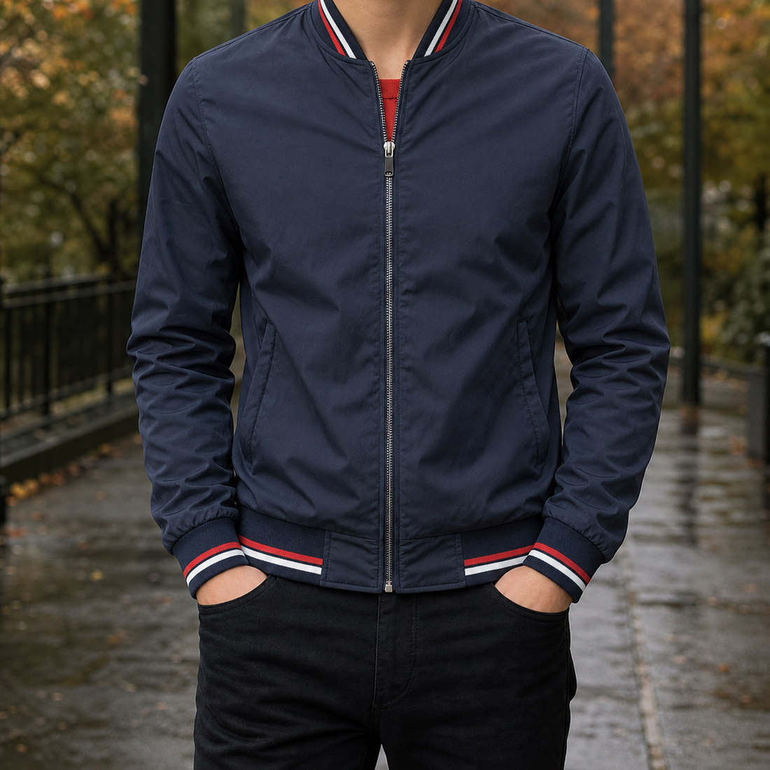 Armand-James Ribbed Bomber Jacket - Navy