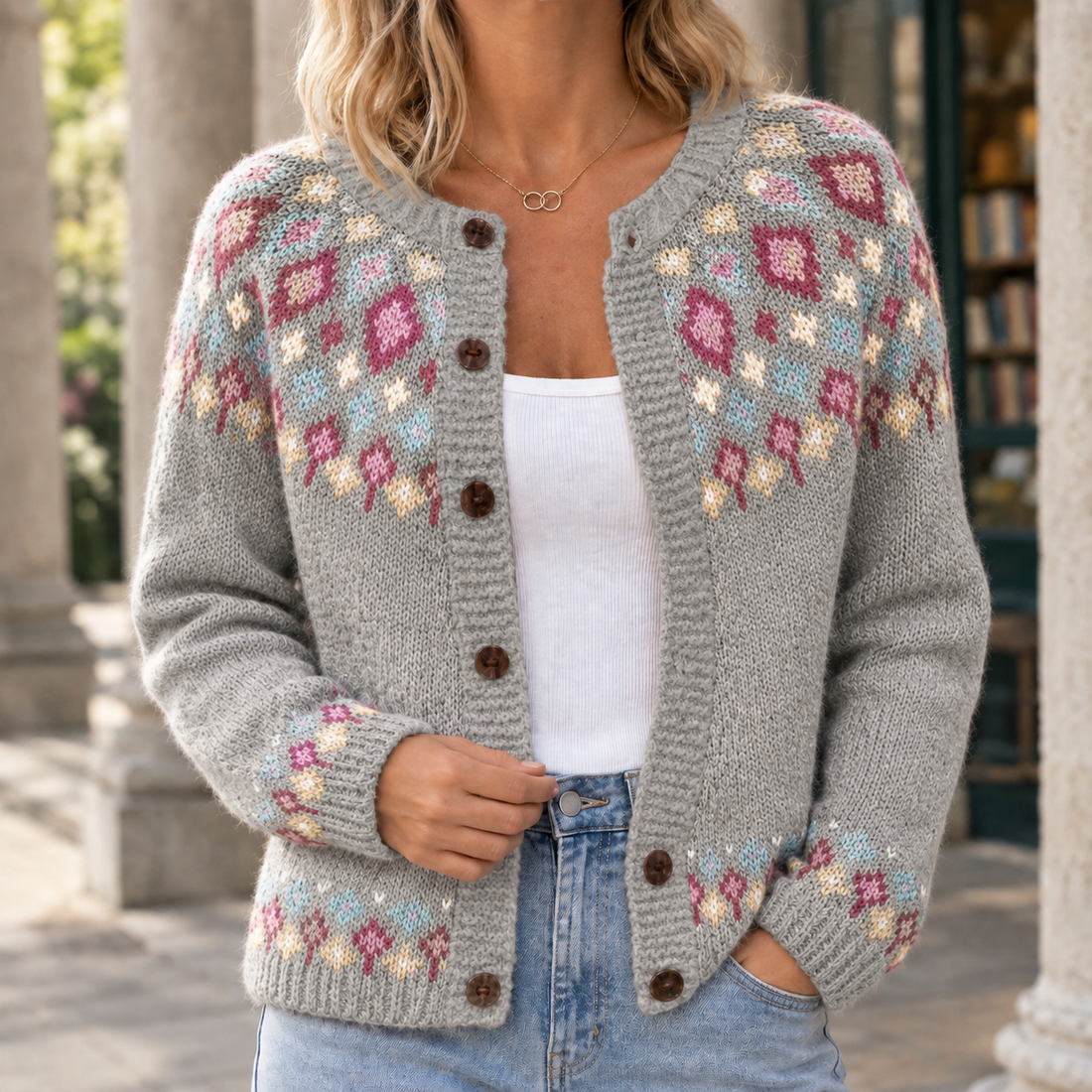 Catriona Jacquard Cardigan - Gray