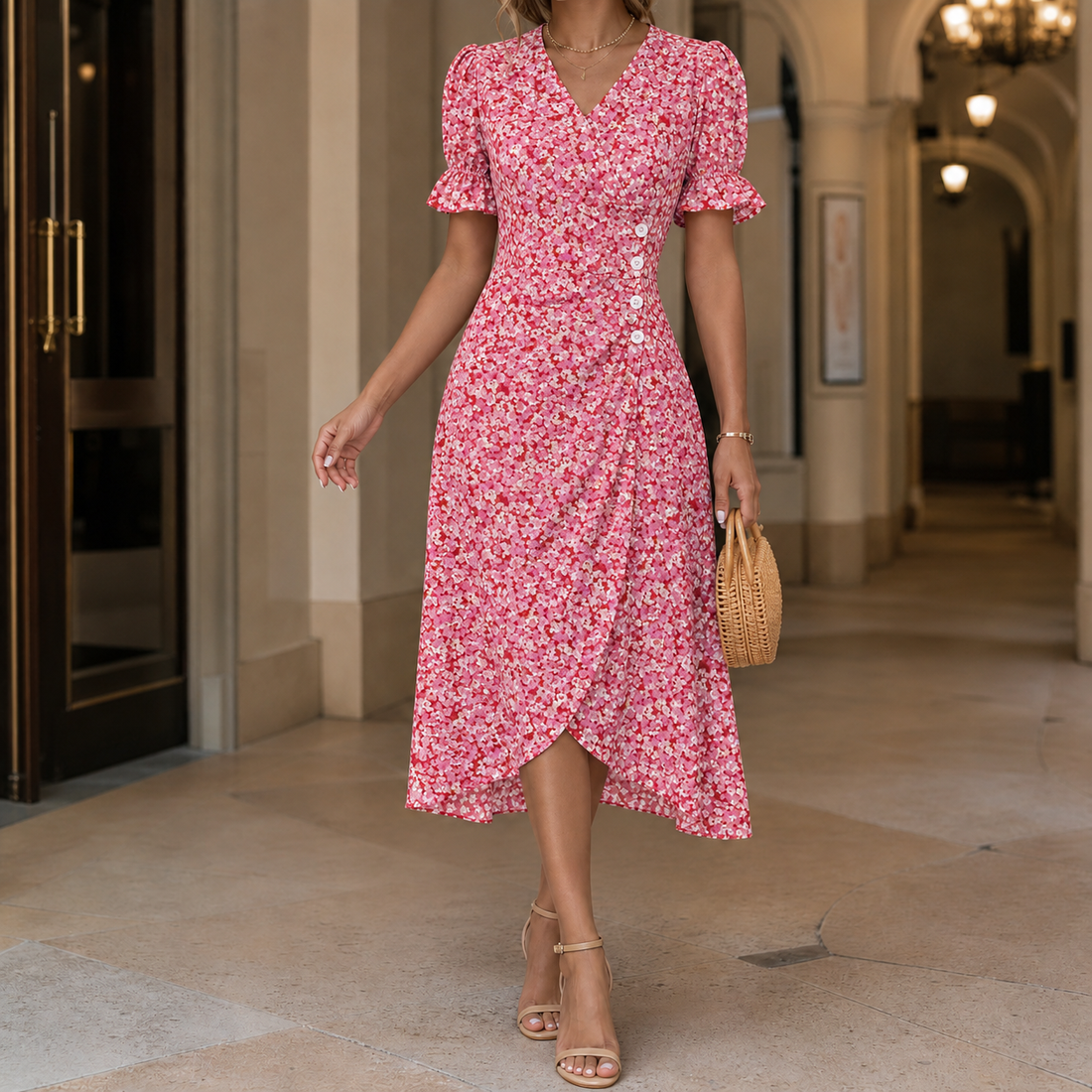 Jade Floral Midi Dress - Red