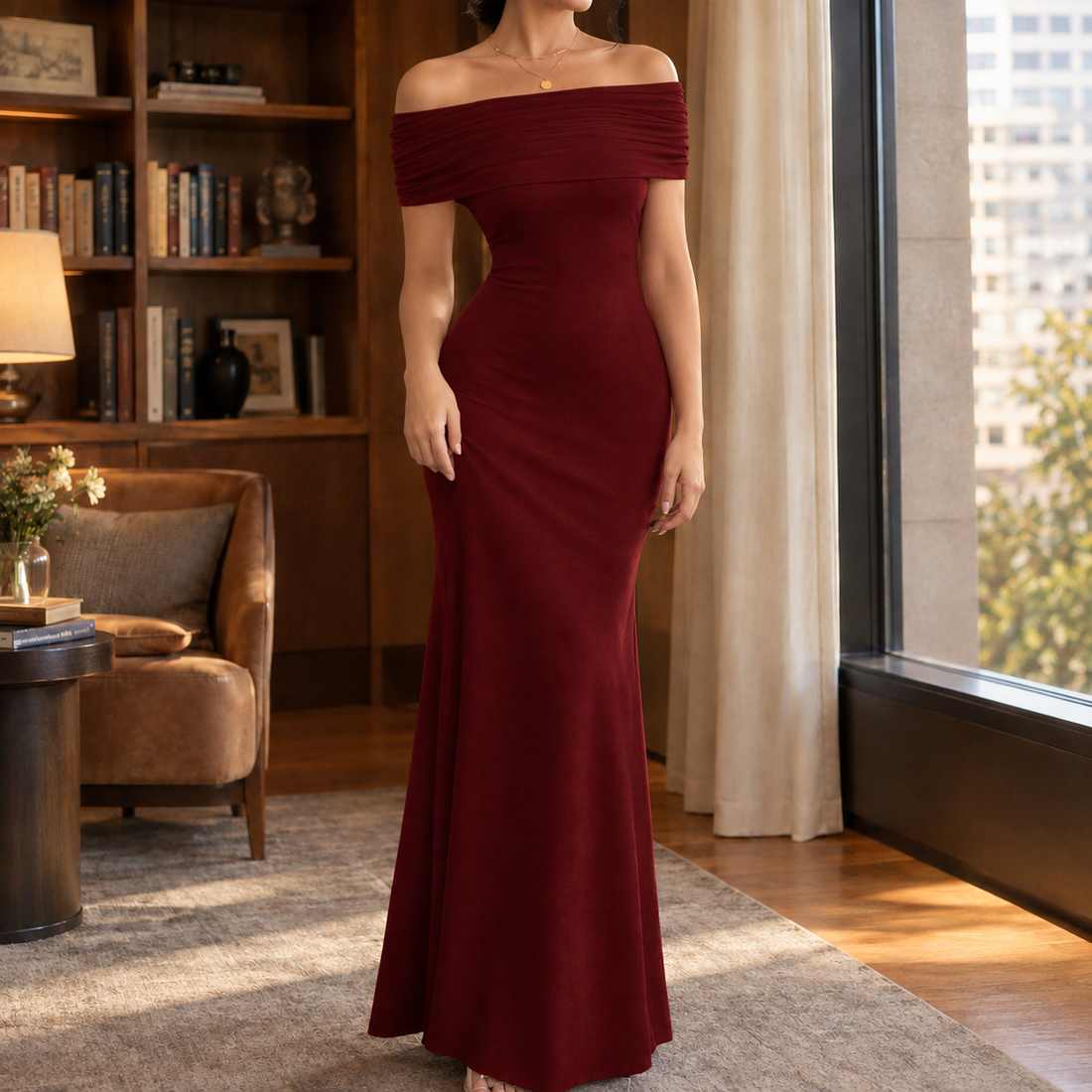 Dorothea Off Shoulder Dress - Wine Red