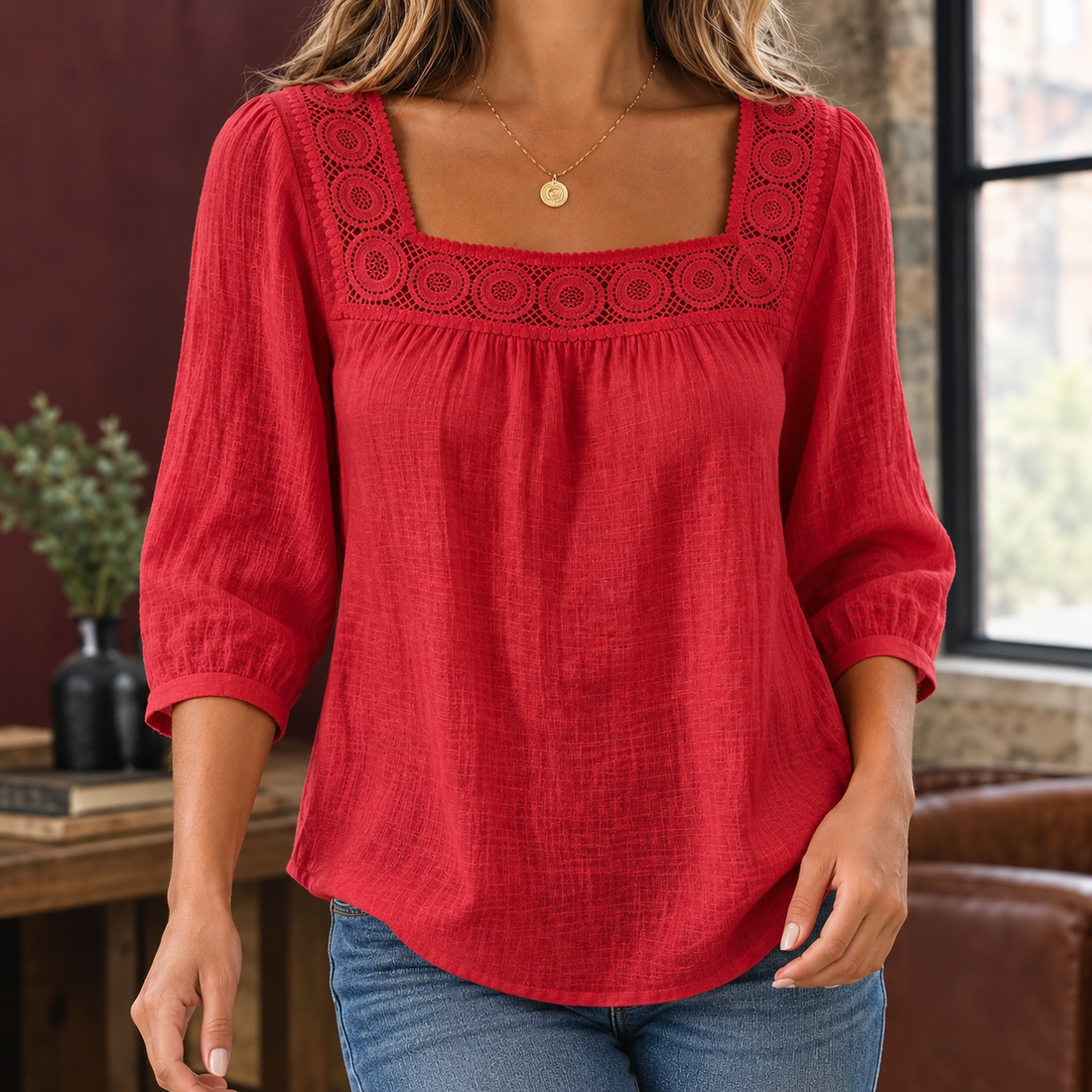 Sasha Square Neck Blouse - Red