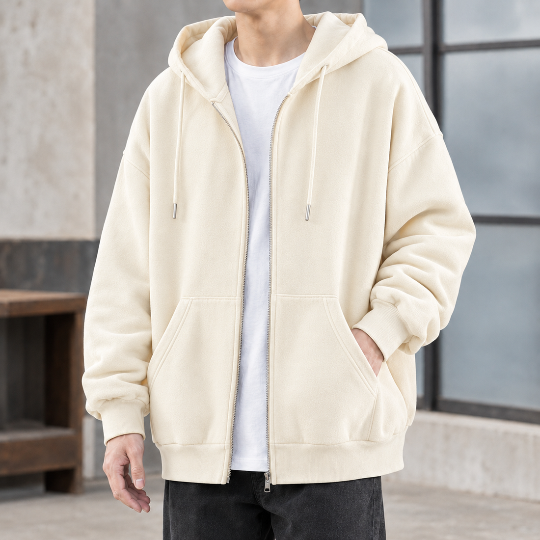 Aaron Zip Hoodie - Cream