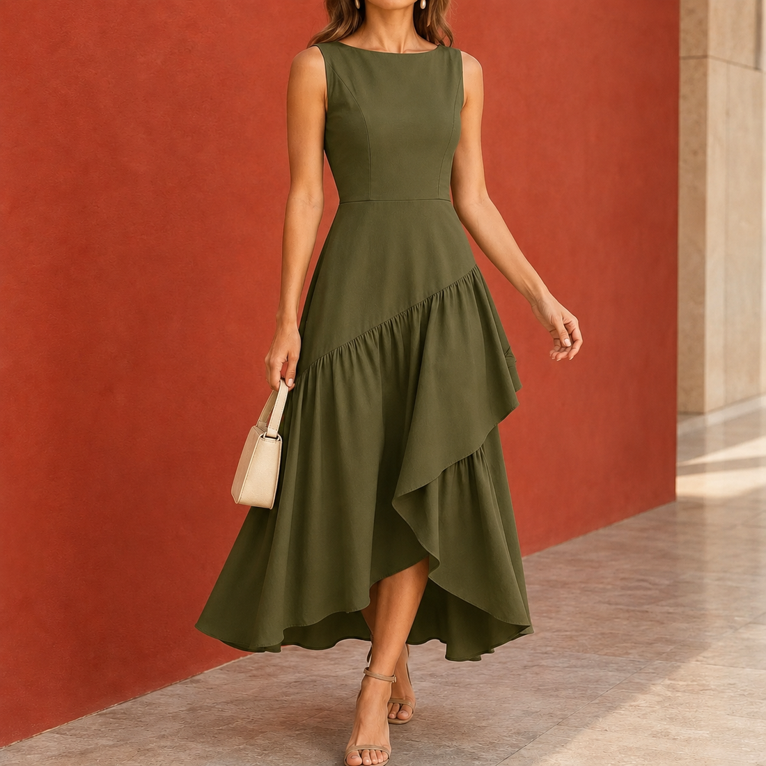 Estella-Kate Asymmetric Midi Dress - Army Green