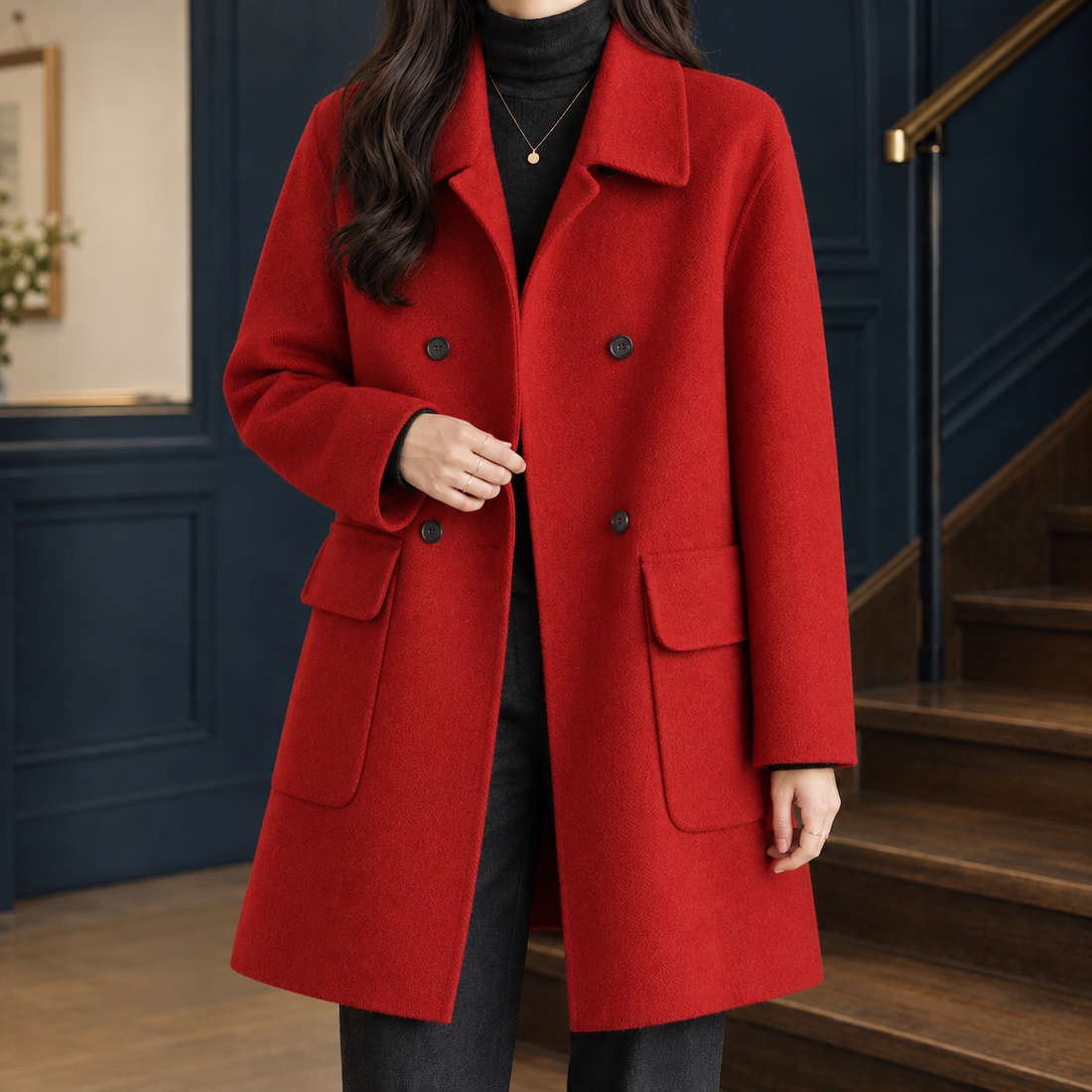 Simone-June Double Breasted Coat - Red