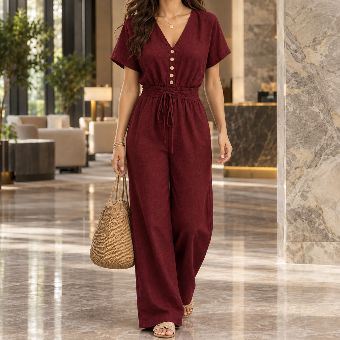 Zinnia-Louise V-Neck Jumpsuit - Burgundy