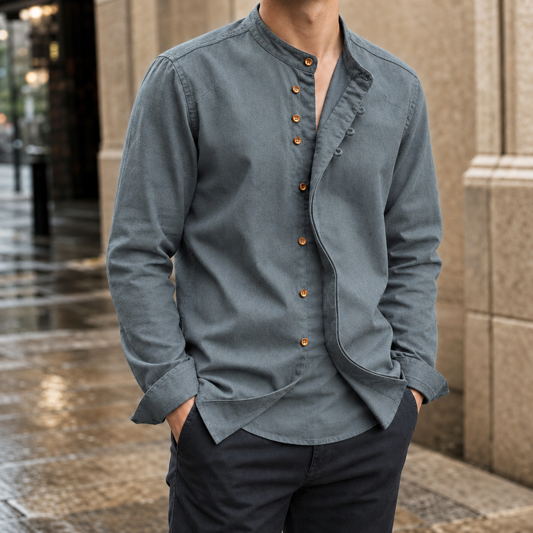Emmett-Tate Mandarin Collar Shirt - Gray Blue