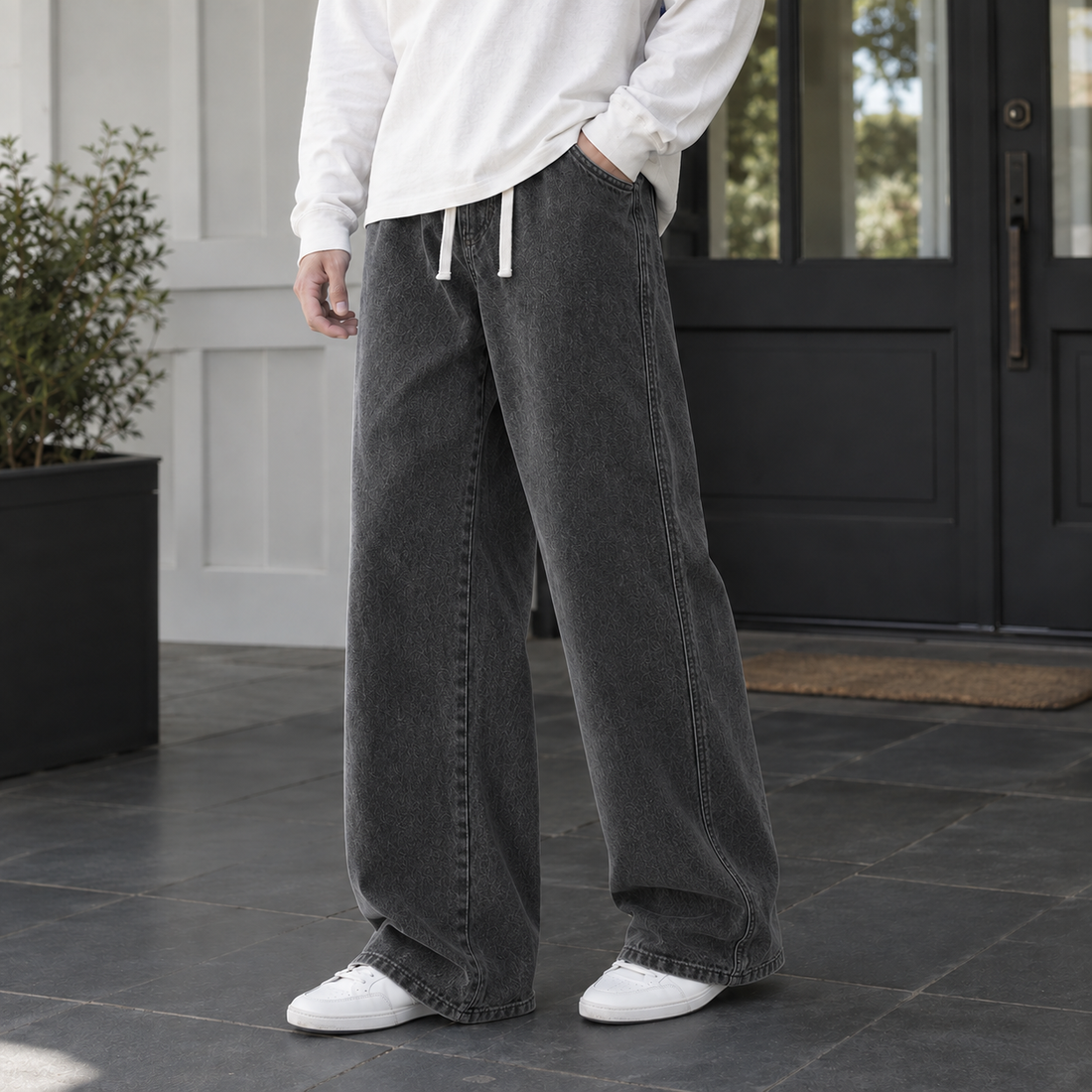 Nicodemus-Stone Wide Leg Pants - Dark Gray
