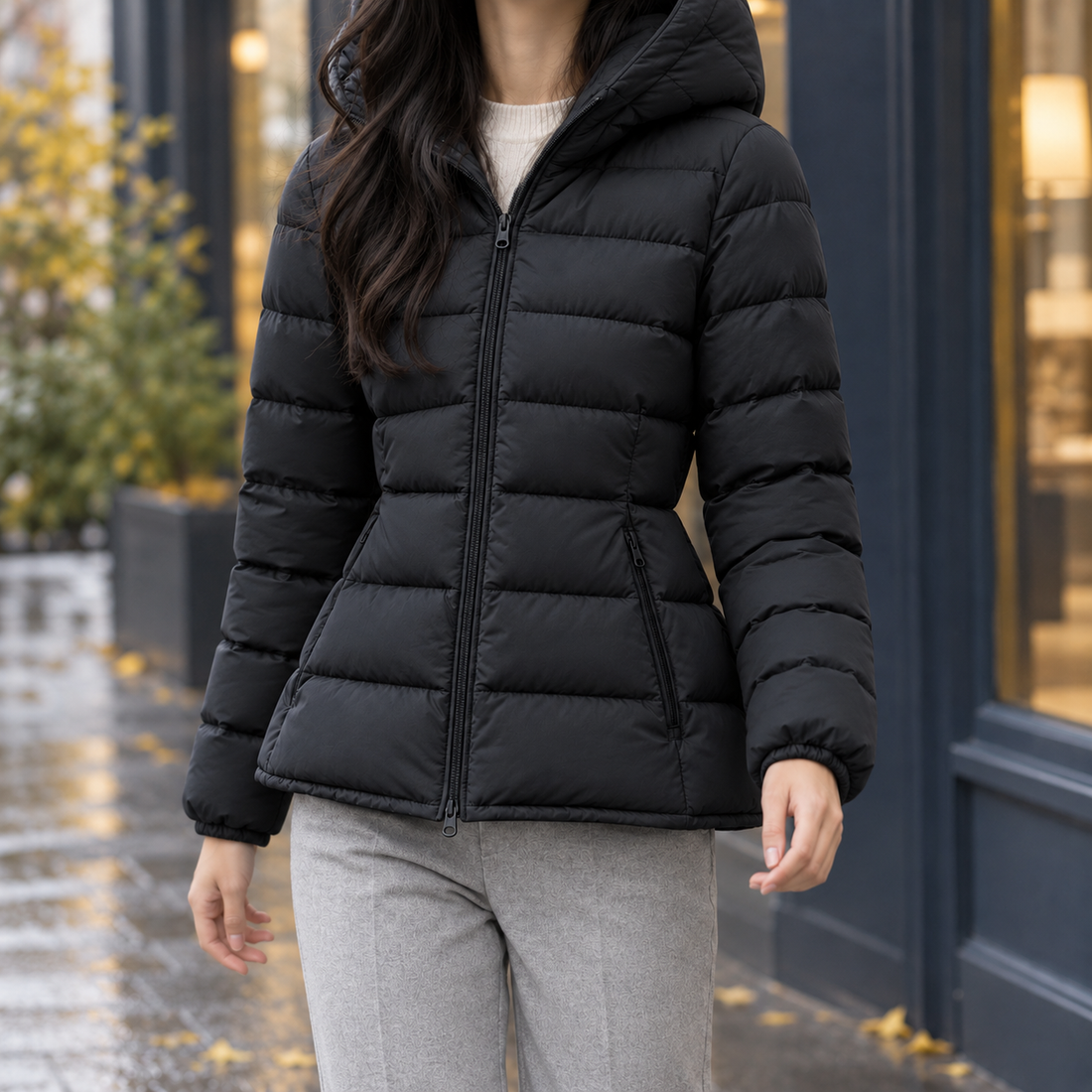 Carina-Pearl Cinched Puffer Jacket - Premium Black