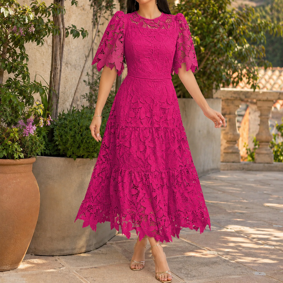 Honora-June Lace A-Line Dress - Rose Red