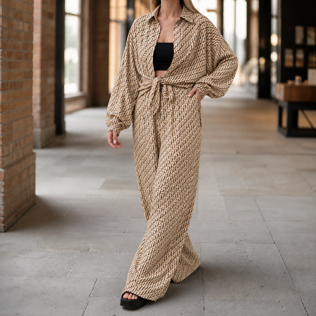 Ophelia Geometric Pants Set - Khaki