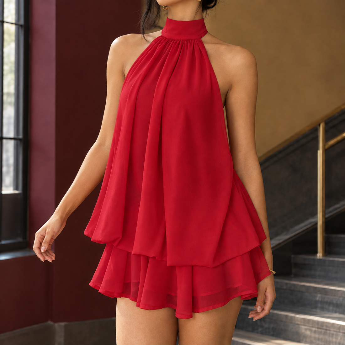Blanche Halter Playsuit - Red