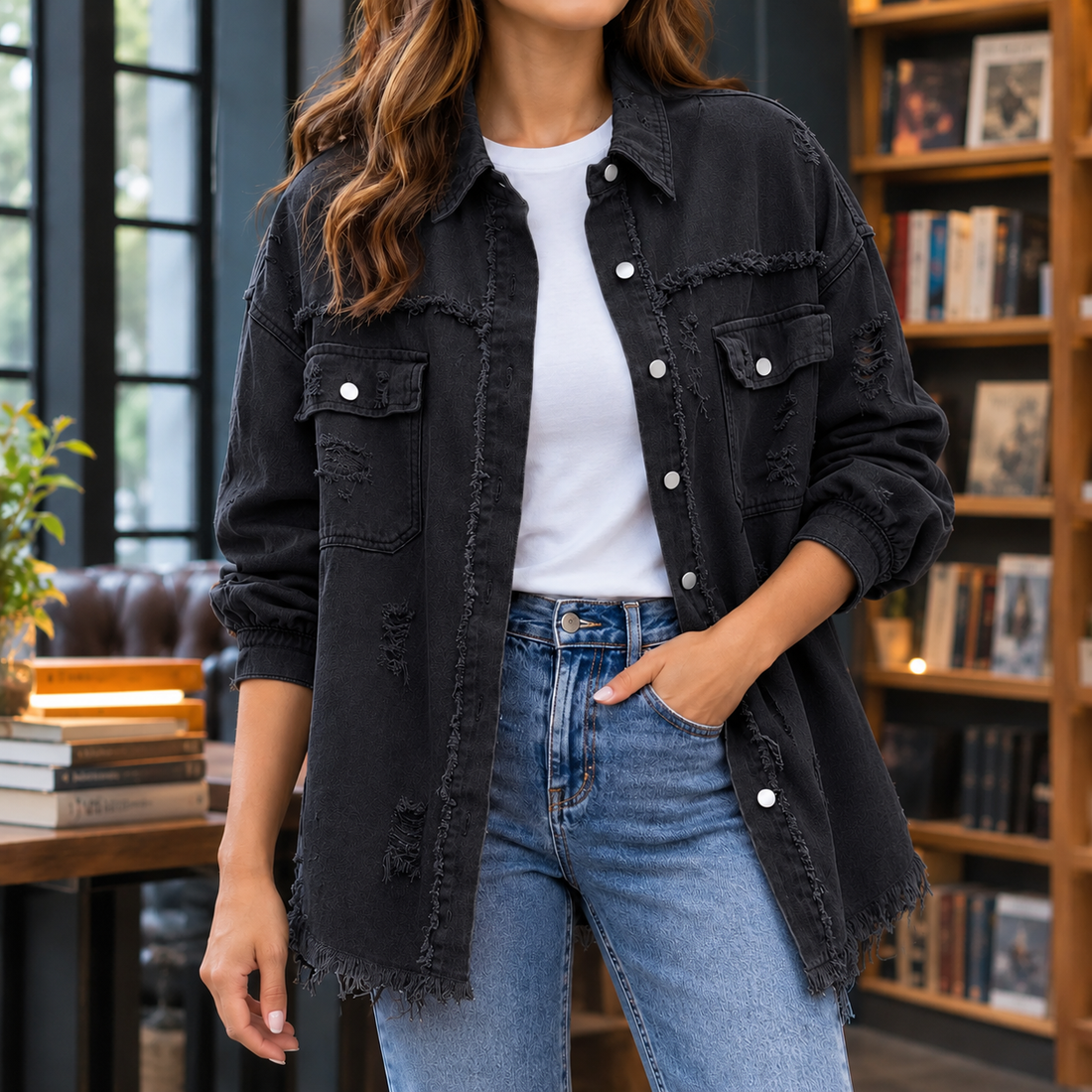 Arwen-Grace Distressed Overshirt - Black