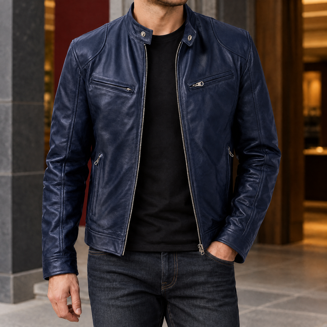 Eric-Grant Biker Jacket - Navy Blue