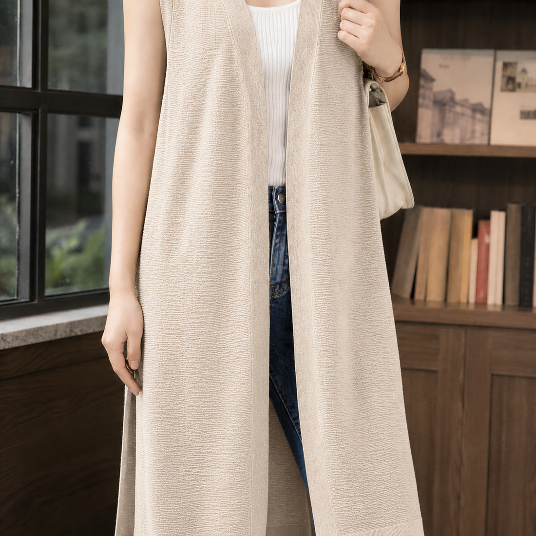 Iolanthe-Grace Longline Knit Vest - Beige