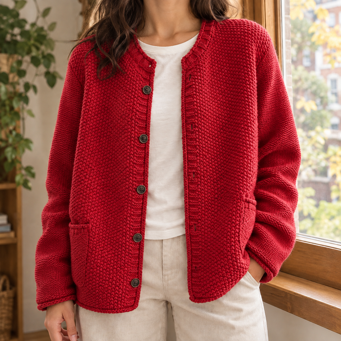 Clara-Kate Round Neck Cardigan - Red