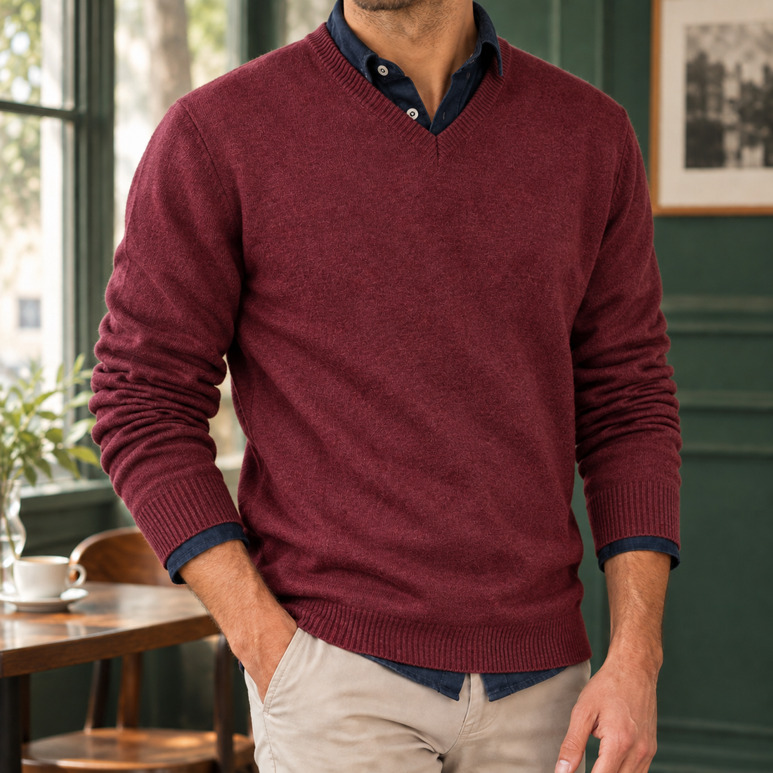 Henry-Grey V Neck Sweater - Wine Red
