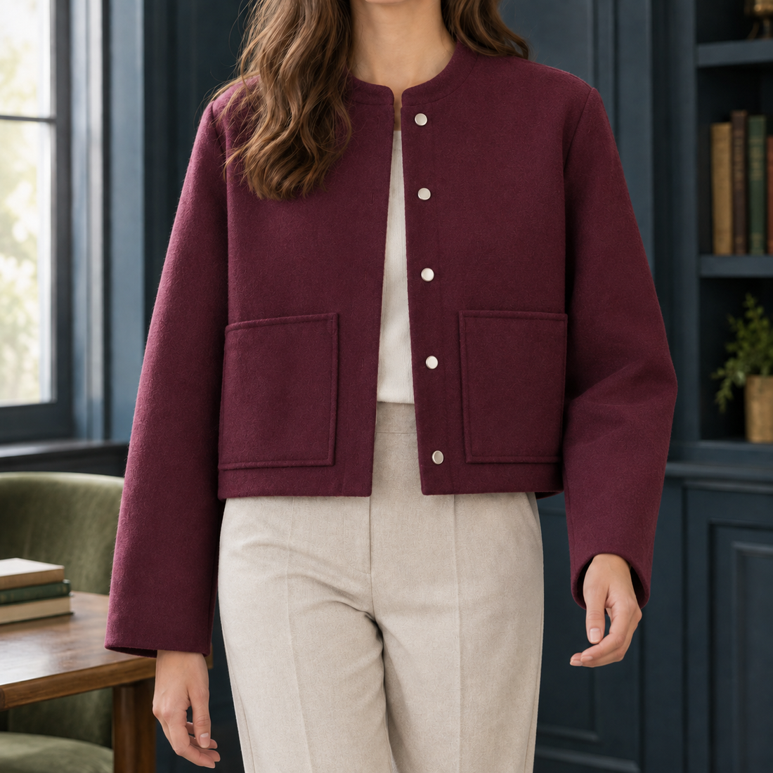 Serena-Eve Stand Collar Jacket - Dark Red