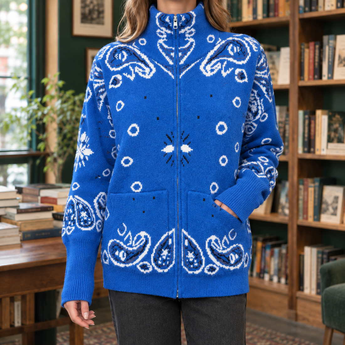 Ottilia Zip Front Sweater - Blue