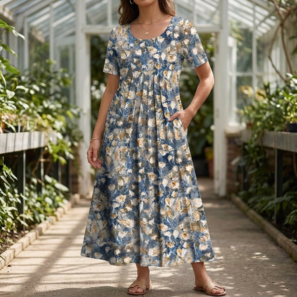 Celeste Gathered Midi Dress - Blue