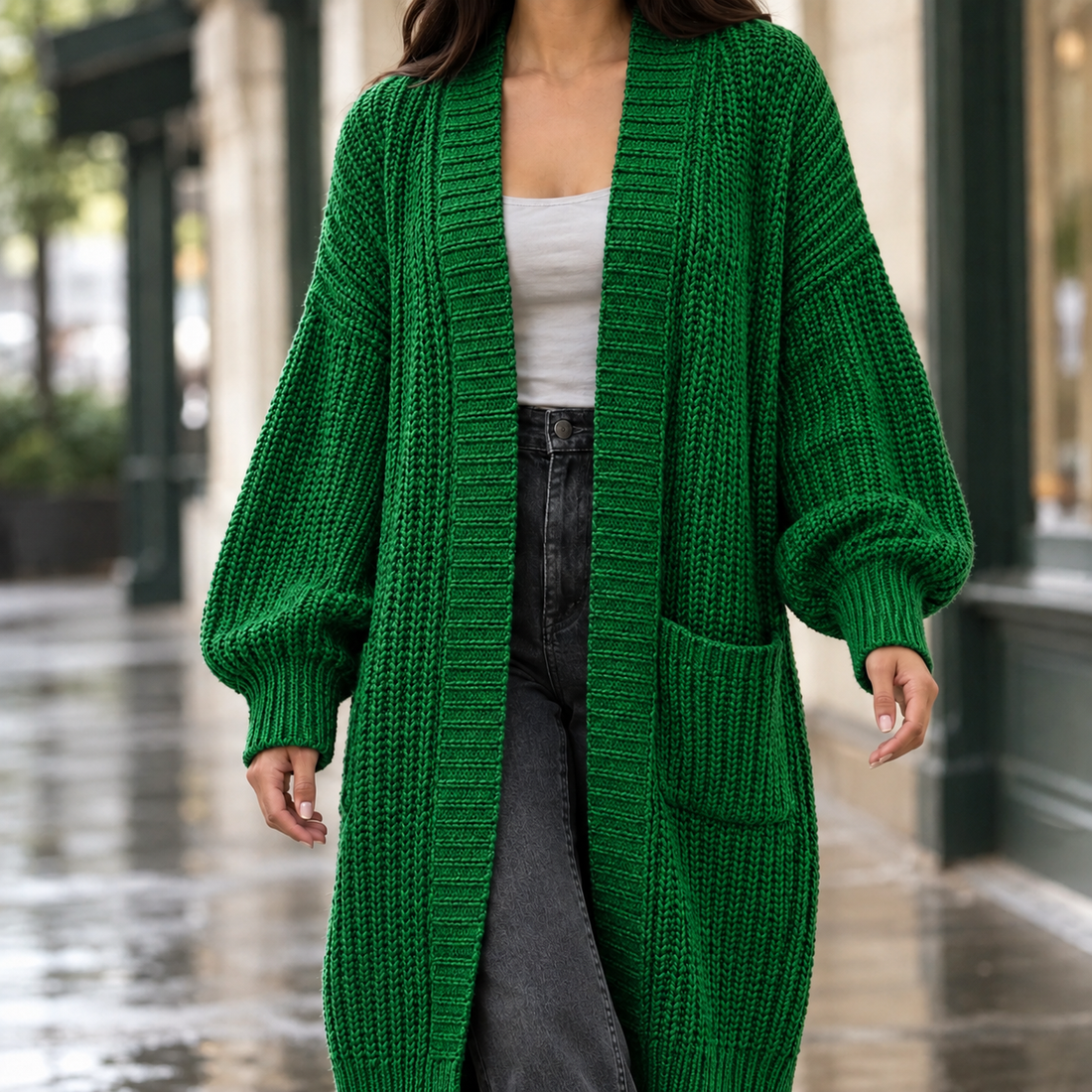 Estelle-Belle Chunky Knit Cardigan - Green