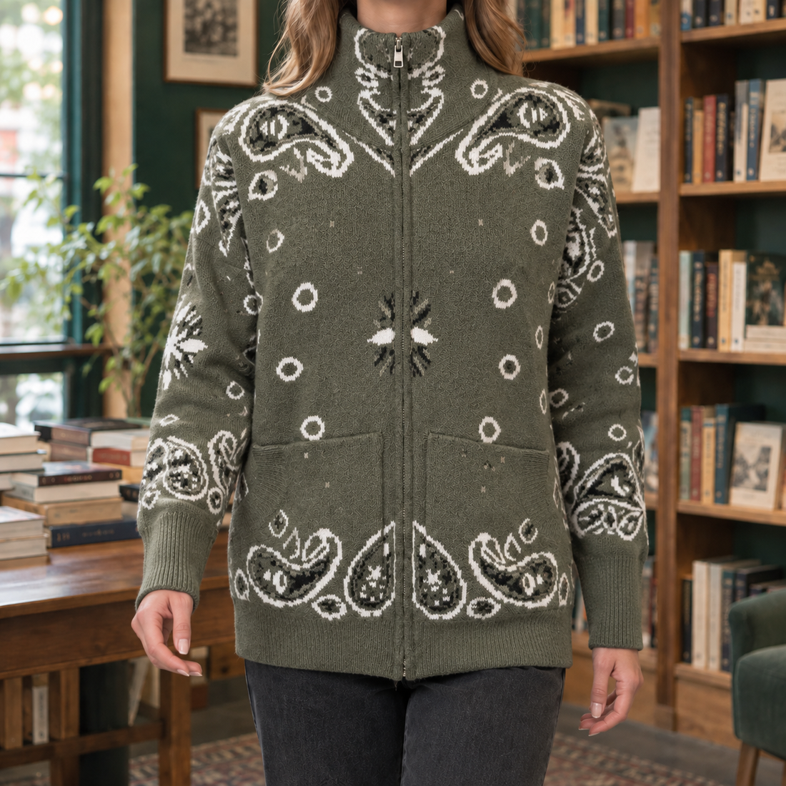 Ottilia Zip Front Sweater - Olive Green