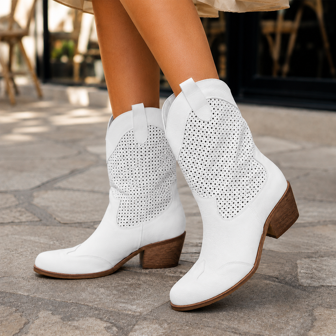 Toscano Perforated Cowboy Boots - White Pu