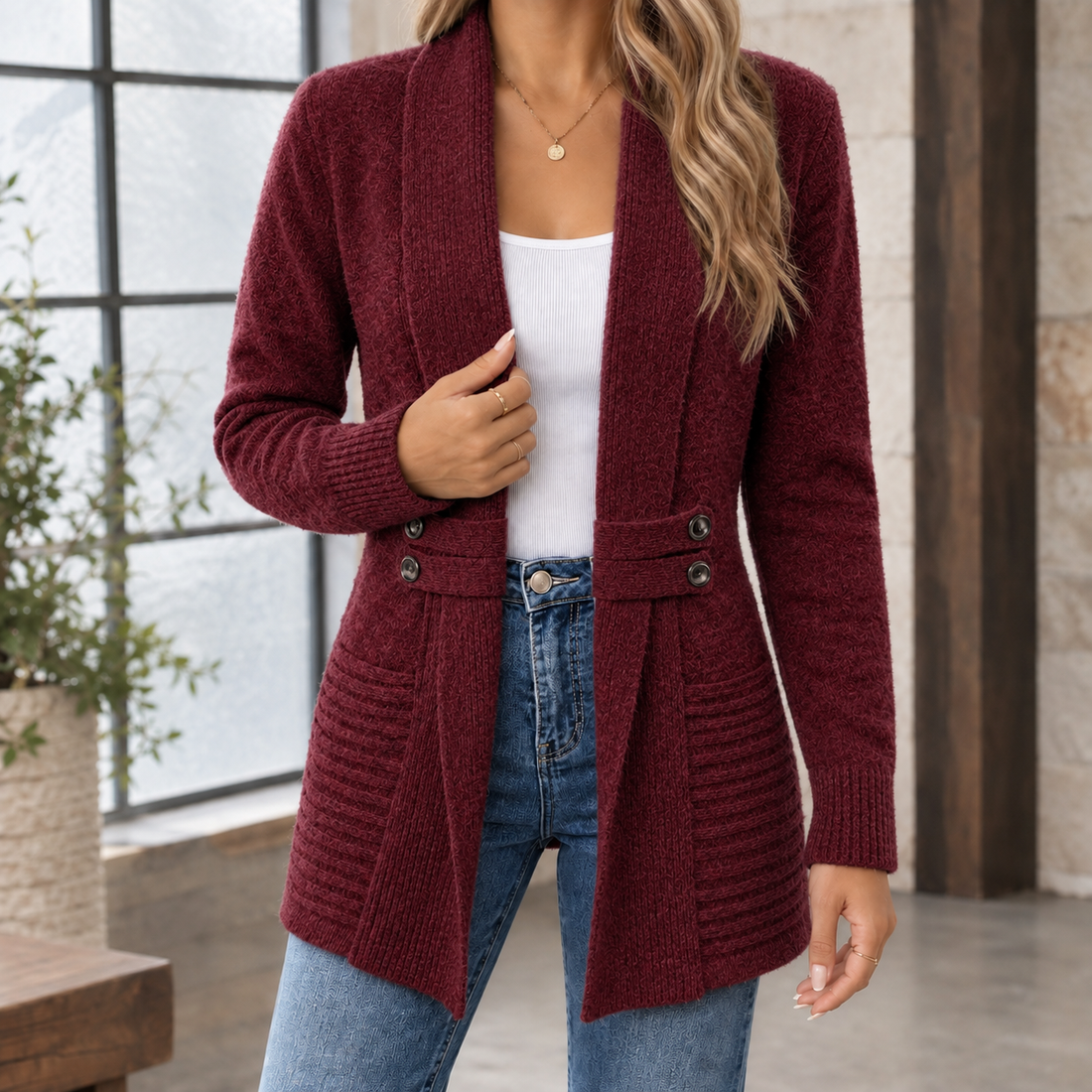 Cecilia Shawl Cardigan - Wine Red