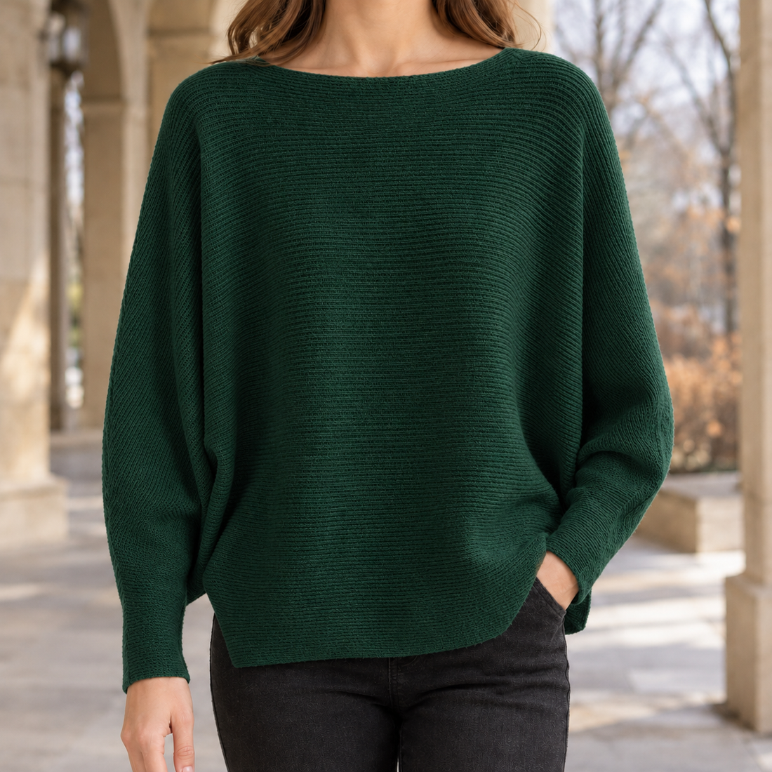 Cordelia-Faye Off Shoulder Sweater - Dark Green