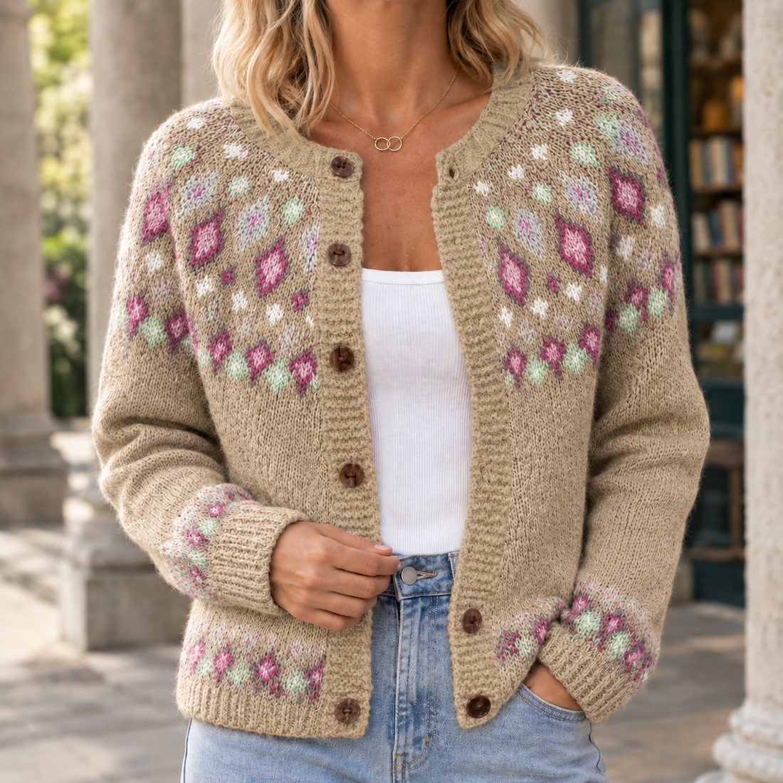 Catriona Jacquard Cardigan - Camel