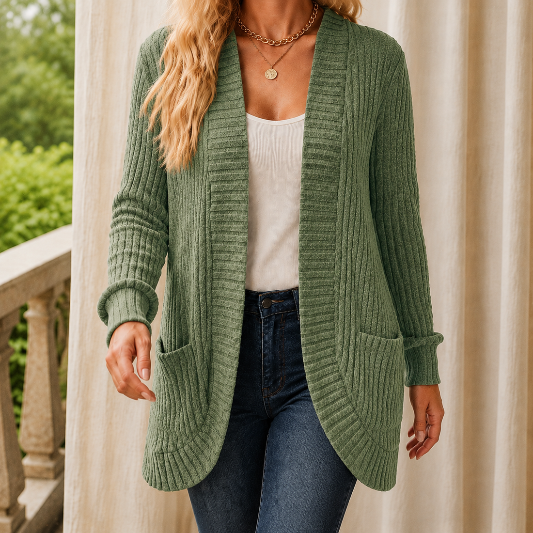 Evelina Ribbed Cardigan - Fern Green