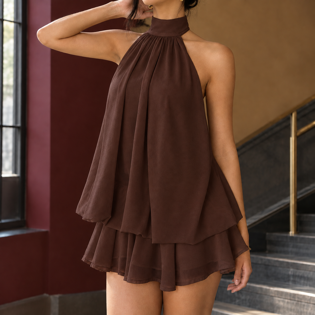 Blanche Halter Playsuit - Brown