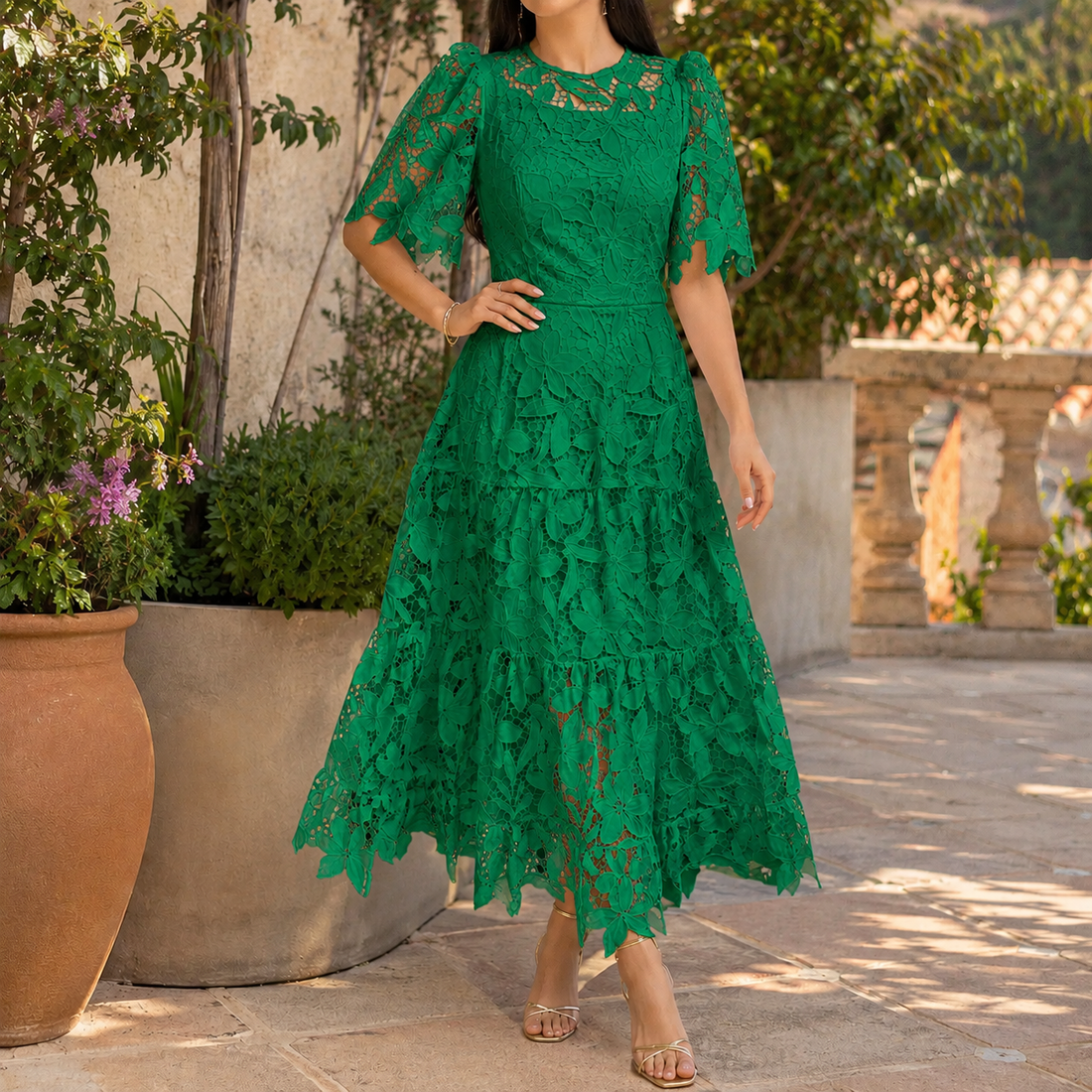 Honora-June Lace A-Line Dress - Green