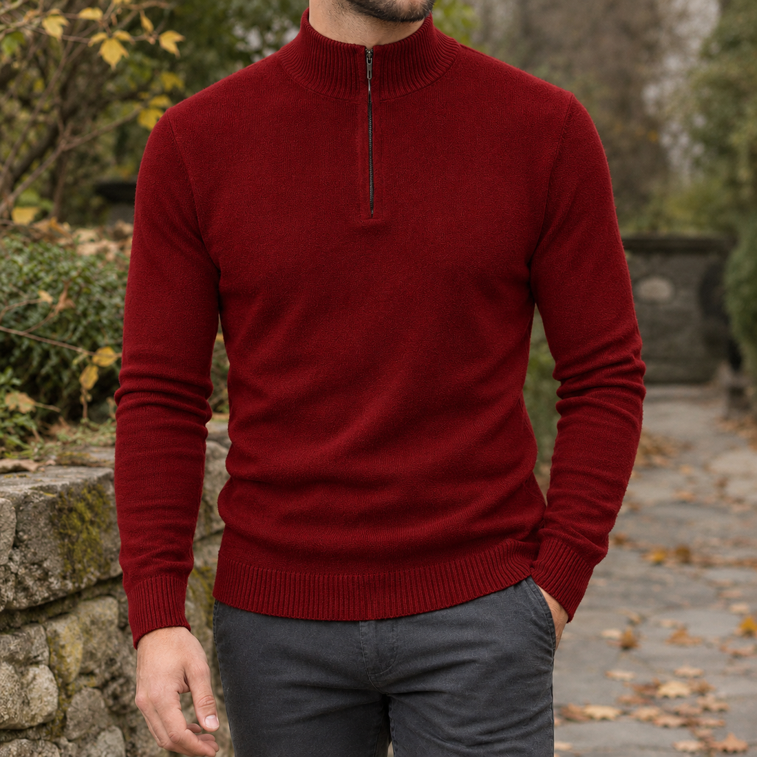 Caspian-Grey Half Zip Sweater - Wine Red