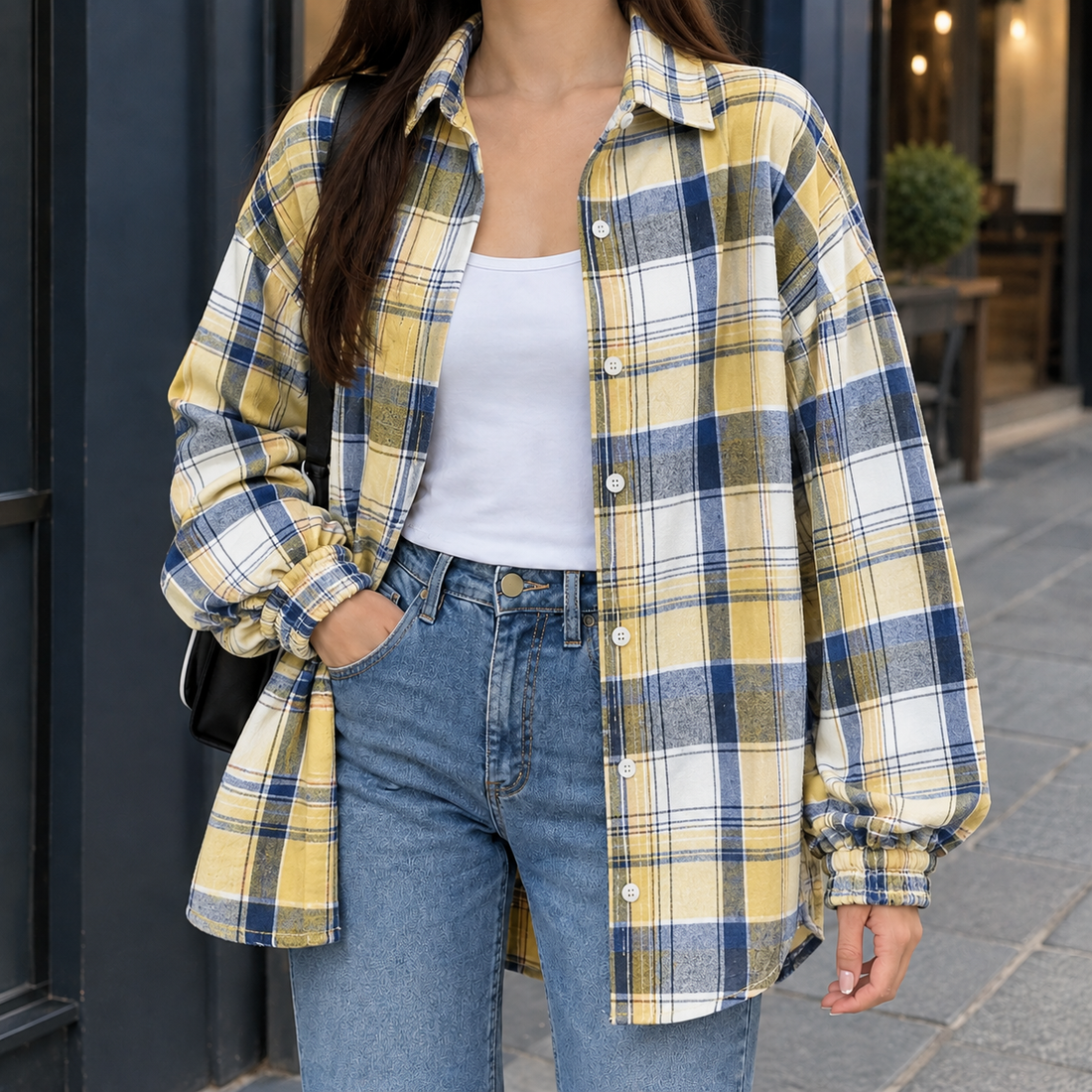 Raven-Claire Plaid Overshirt - Yellow And Blue
