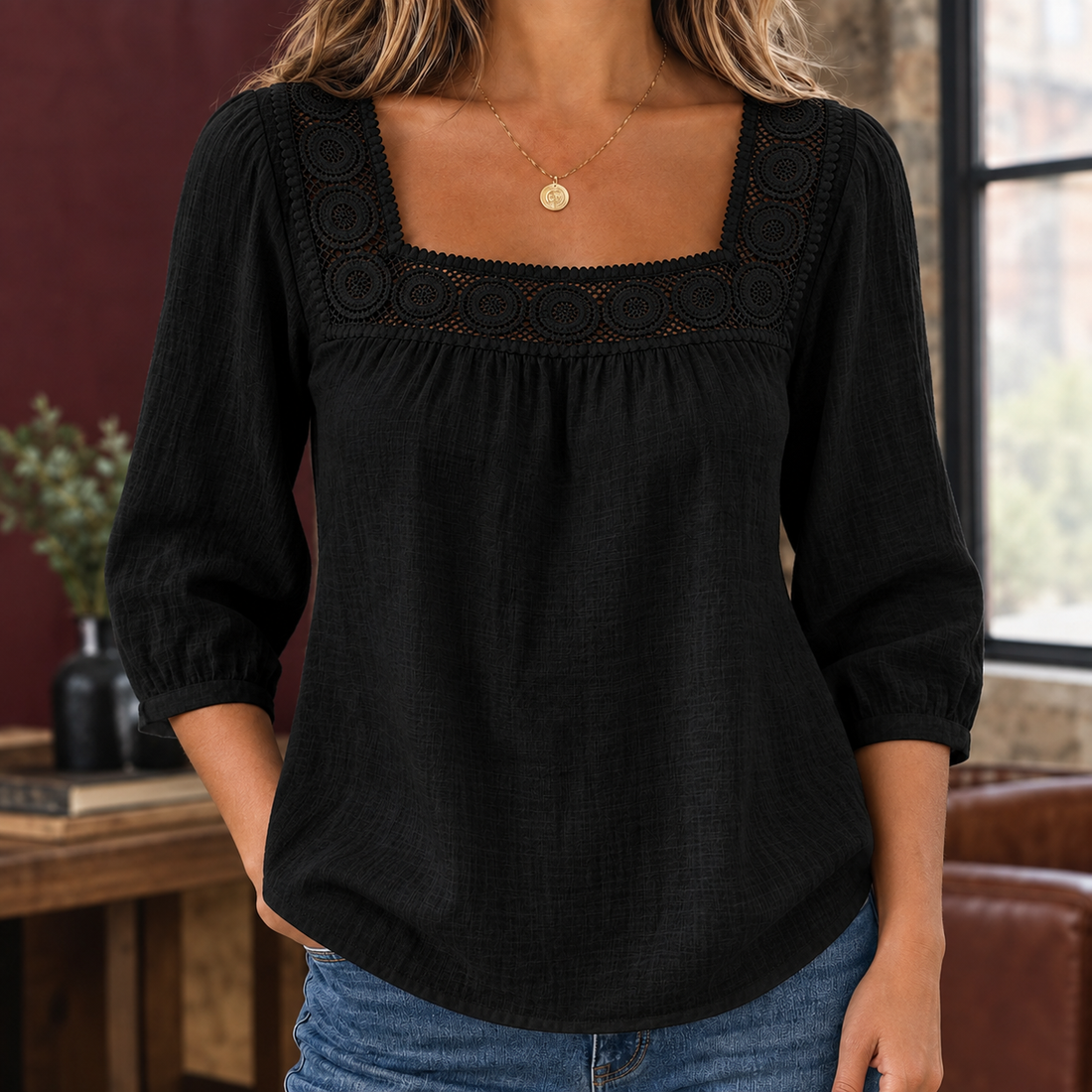 Sasha Square Neck Blouse - Black