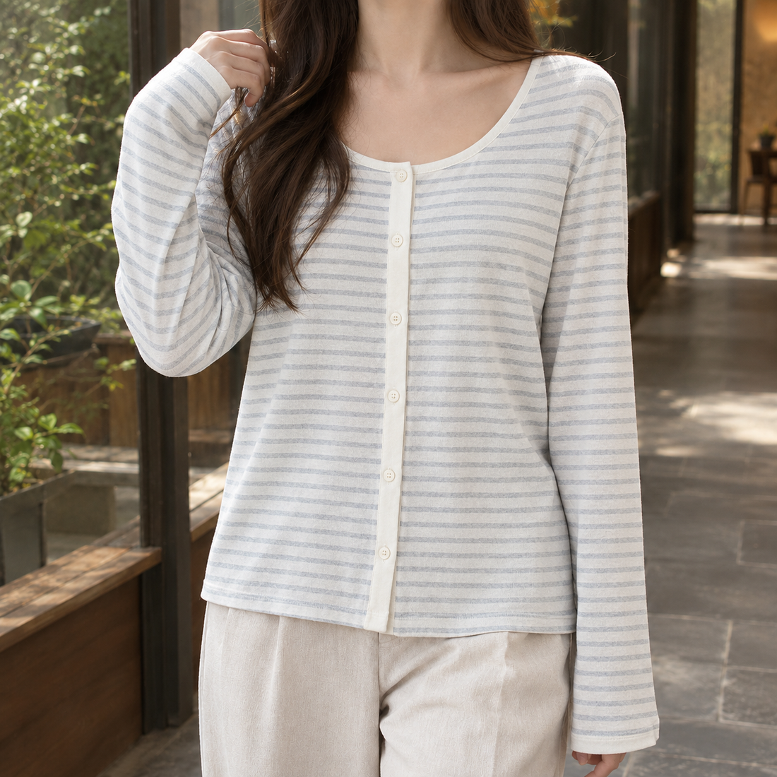 Michelle Linen Cardigan - Light Gray Striped