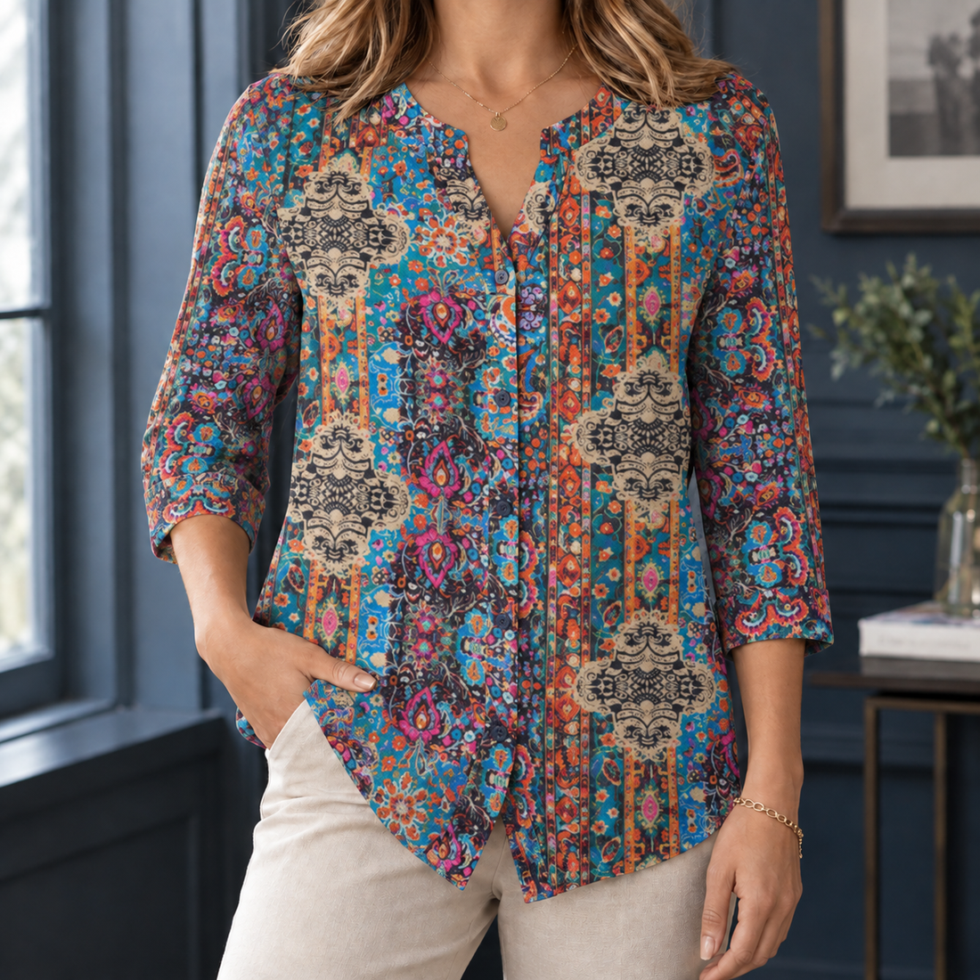 Annabelle Split Neck Top - Colorful