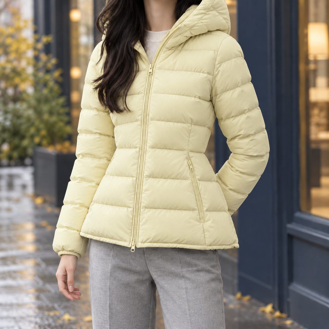 Carina-Pearl Cinched Puffer Jacket - Light Yellow