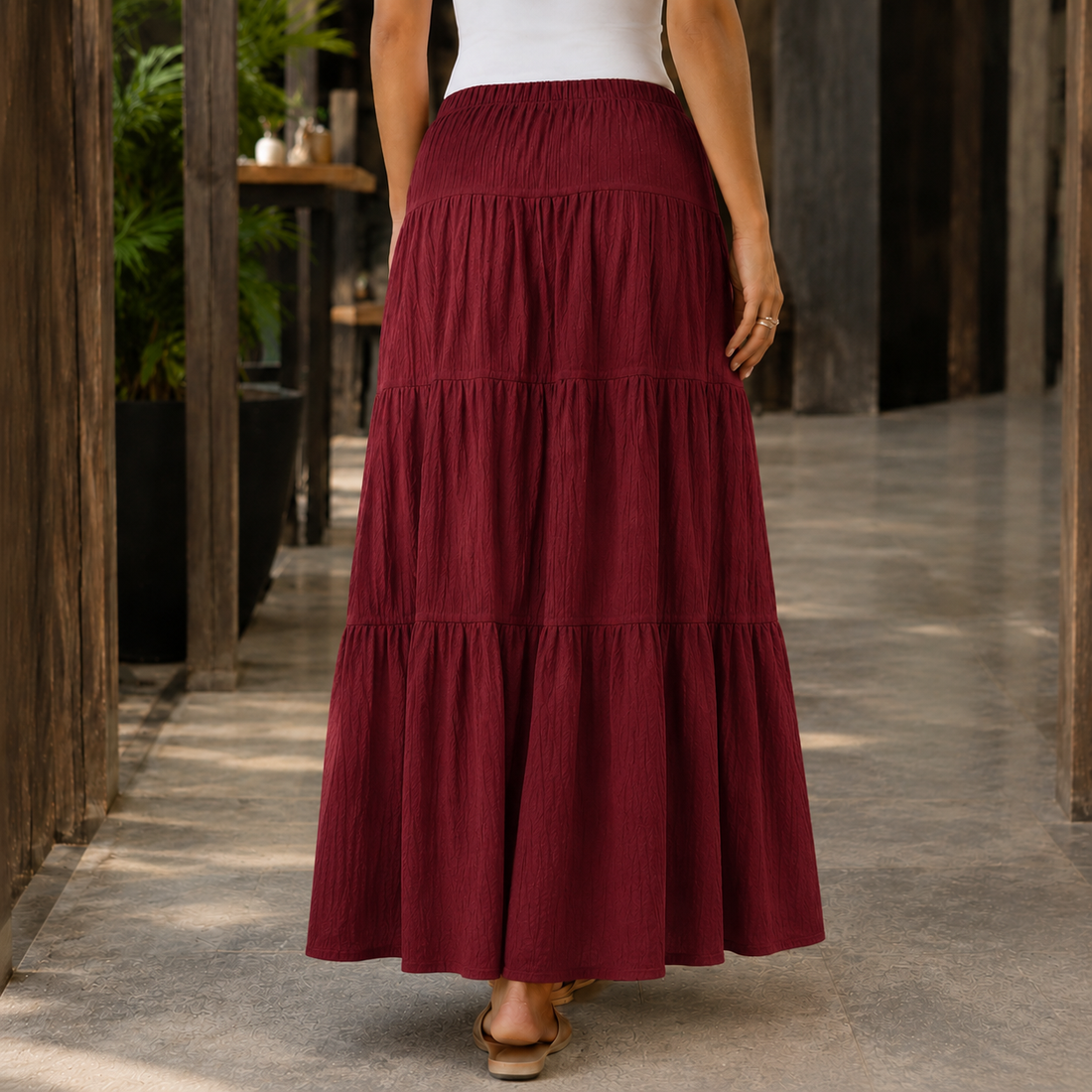Freya Tiered Maxi Skirt - Burgundy