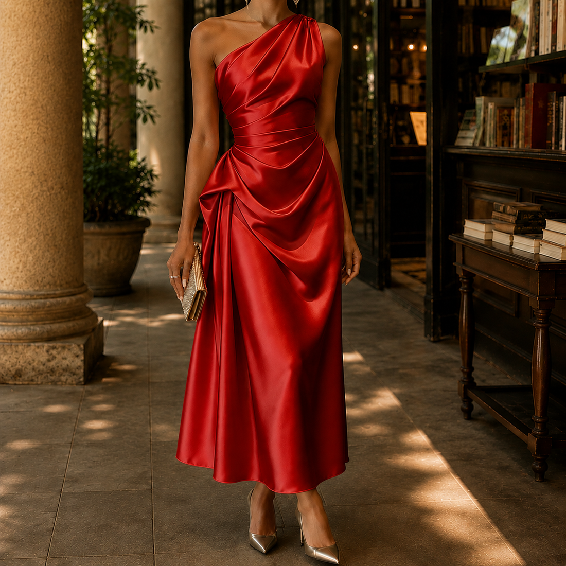Maia One Shoulder Dress - Cherry Red